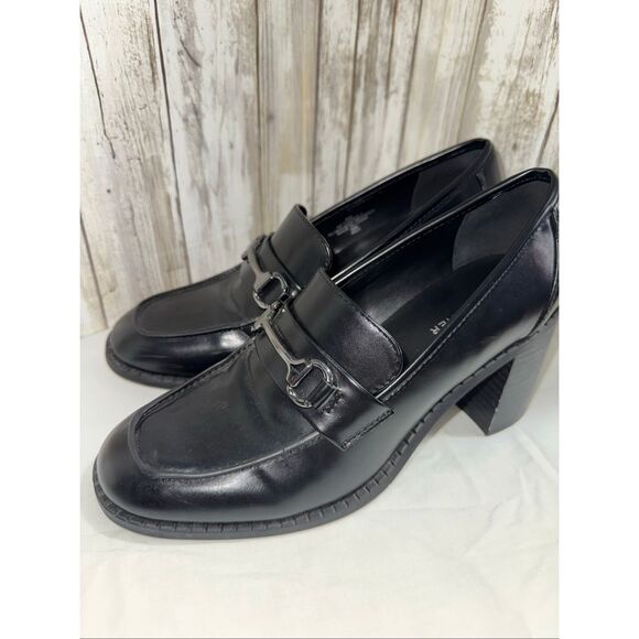 Marc Fisher 90s Inspired Chunky Loafers | Black Faux Leather Block Heel Pumps | - Picture 4 of 11